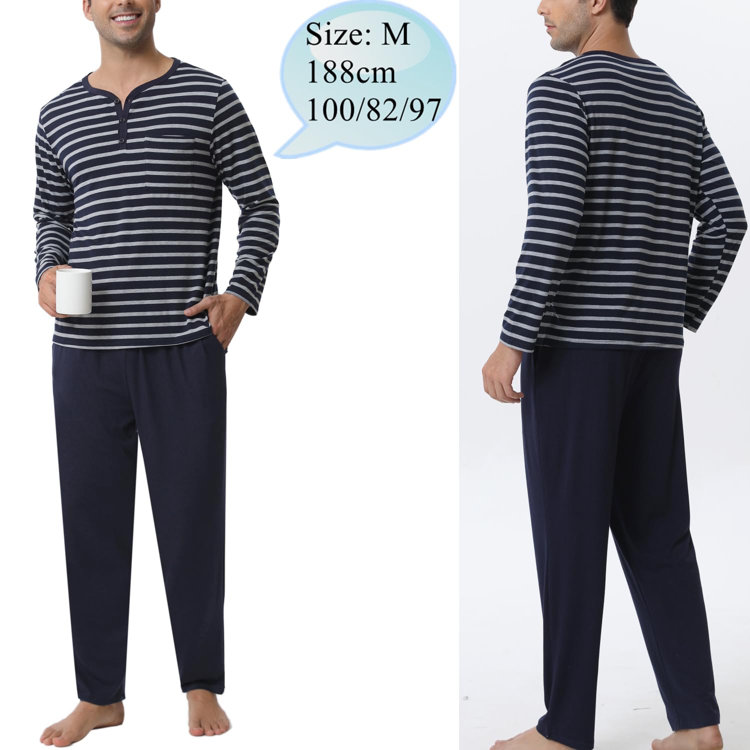 Pijamas Hombre Algodón Cuadros Invierno Camiseta Pantalón Largo Elástico Set Botones y Ropa de Dormir Manga Larga Entretiempo Tops Cómodo