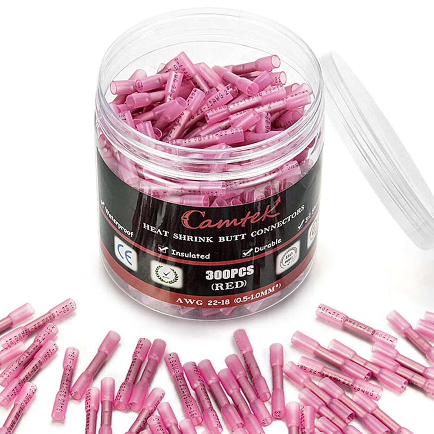 Camtek 300PCS Heat Shrink Butt Connectors Red 22-18 AWG, Insulated Waterproof Electrical Wire Connectors Marine Grade Tinned Red Copper Crimp Splice Terminals for Marine,Truck,Stereo