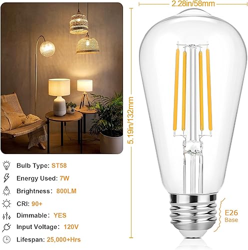 Miniatura 2 de Bombillas LED Edison vintage equivalentes a 60 W, regulables, 7 W, ST58, bombillas de filamento LED blanco cálido 3000 K, iluminación de estilo