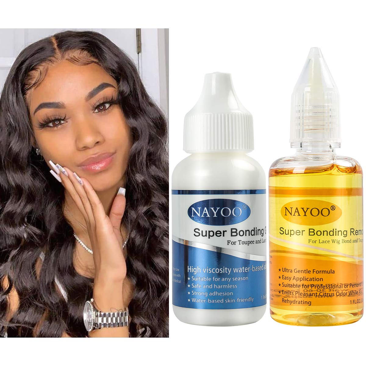 Lace Wig Glue Hair Replacement Invisible Bonding Glue for Lace Hairpieces Wig Closure Frontal Toupee Systems Tape in Hair Extensions Adhesive Remover (Lace Glue & Remover, 2 Bottles)