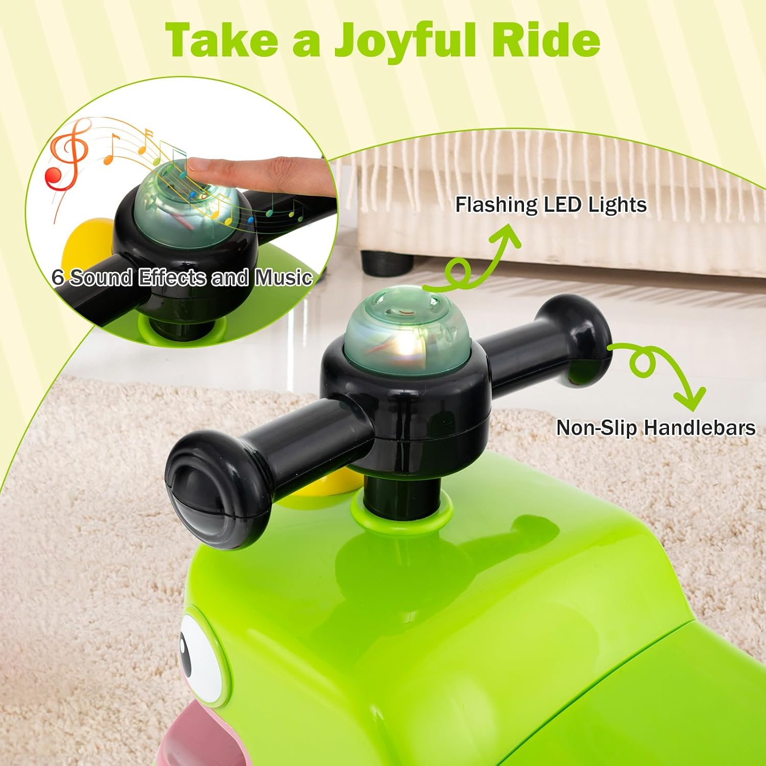 GLACER Ride On Push Car for Toddlers, Ages 18+ Months, Dinosaur Themed Foot to Floor Sliding Car with Music Steering, Horn & Under Seat Storage, Kids Ride On Toys for Boys and Girls (Green)