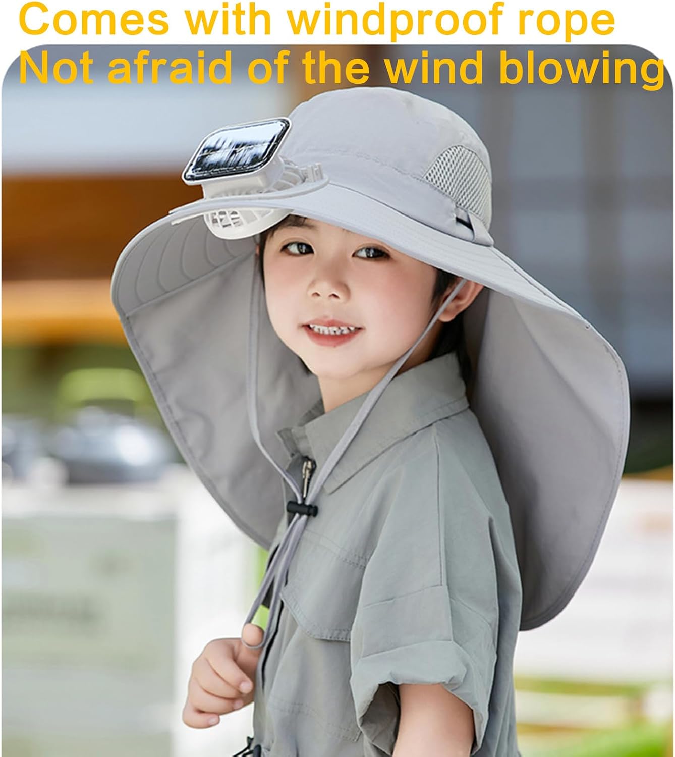 Solar Fan Hat with Neck Flap Sun Protective Wide Brimmed Bucket with Rechargeable Cooling Fan for Outdoor Beach Outdoor Light Grey