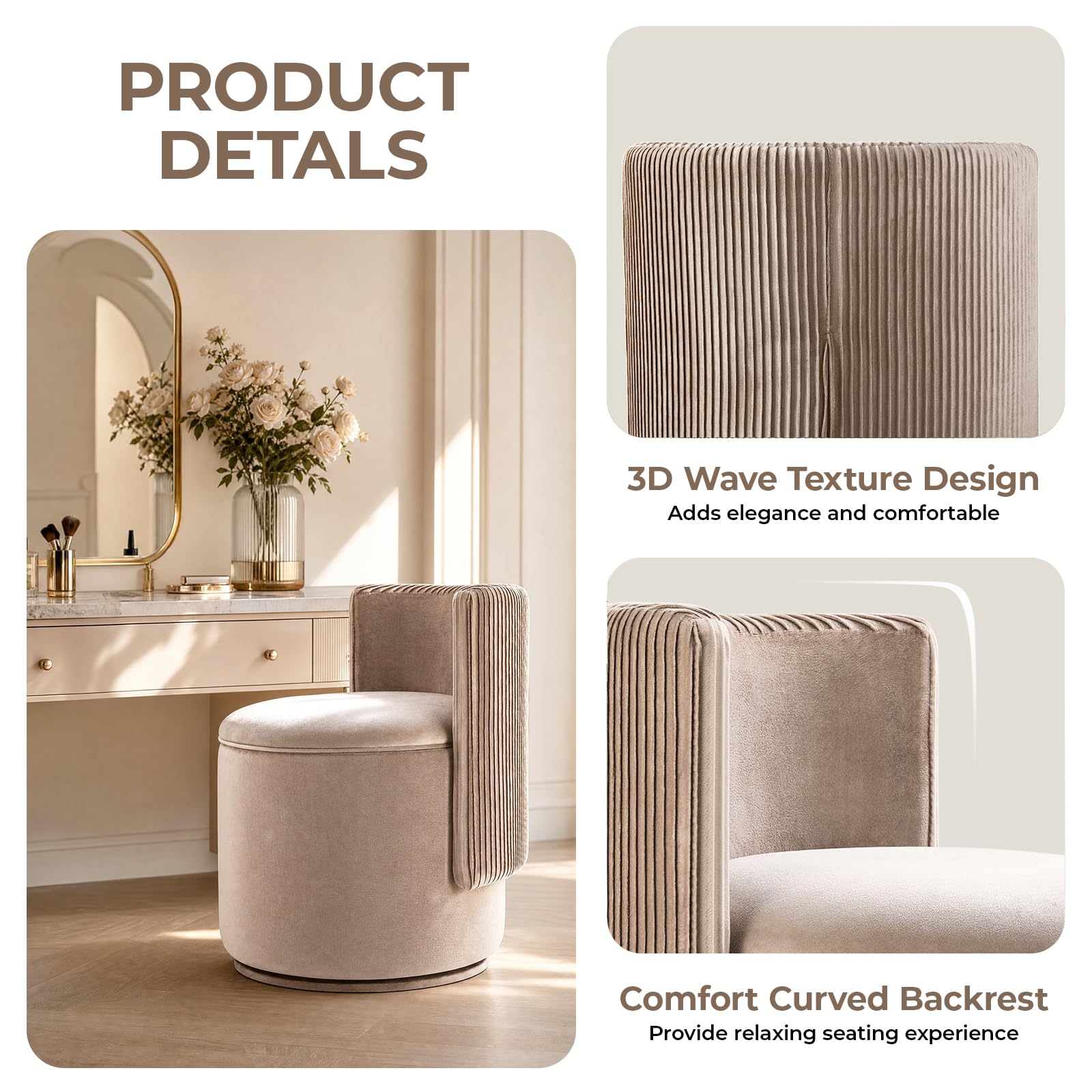 Clevich Velvet Vanity Chair with Storage, 360° Swivel Dressing Table Stool, Brown, 46 x 46 x 64 cm - Image 4