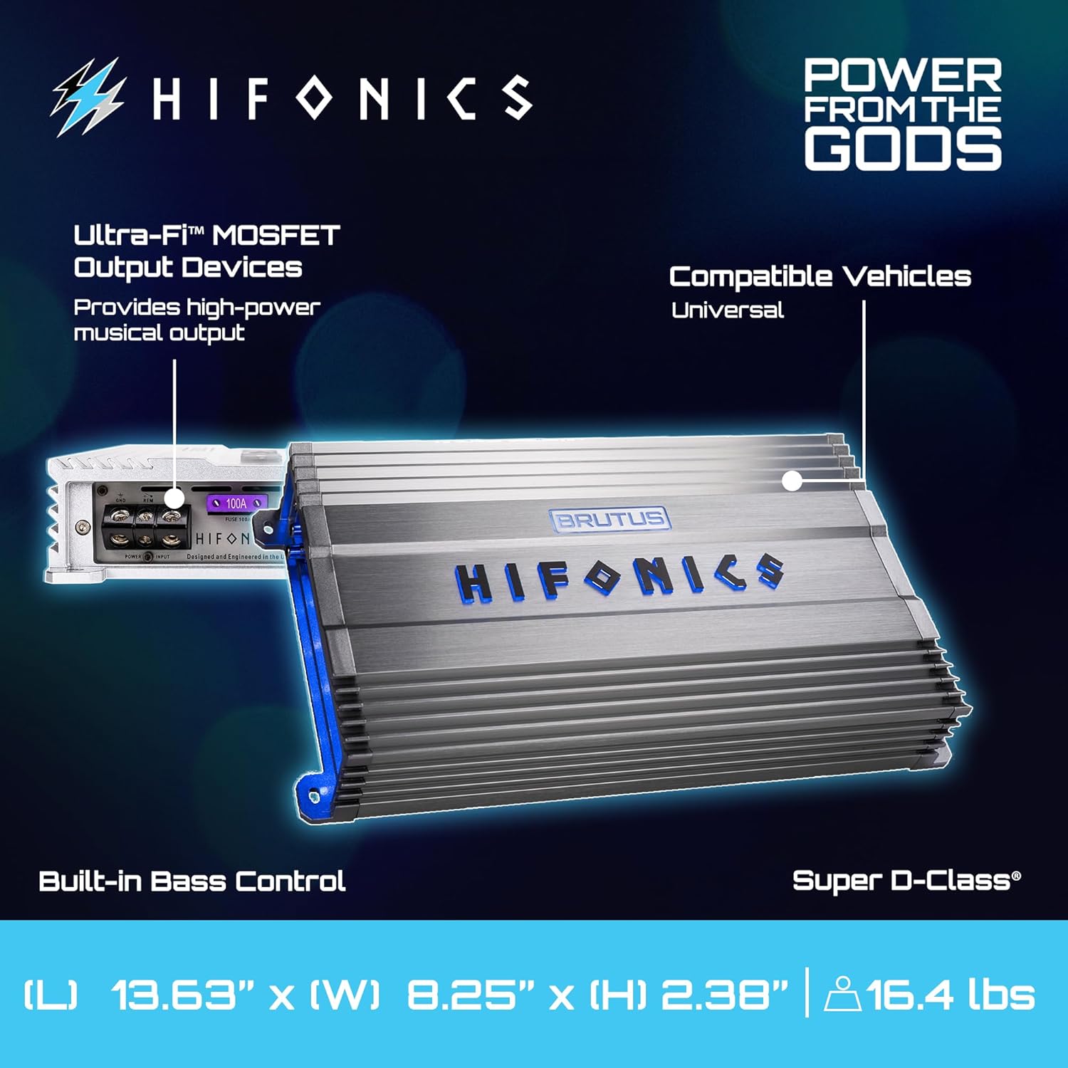 Hifonics BG-2200.1D Brutus Gamma Monoblock Super D Class 2200 Watt Car Audio Sound System Subwoofer Speaker Amp Amplifier with Bass Knob