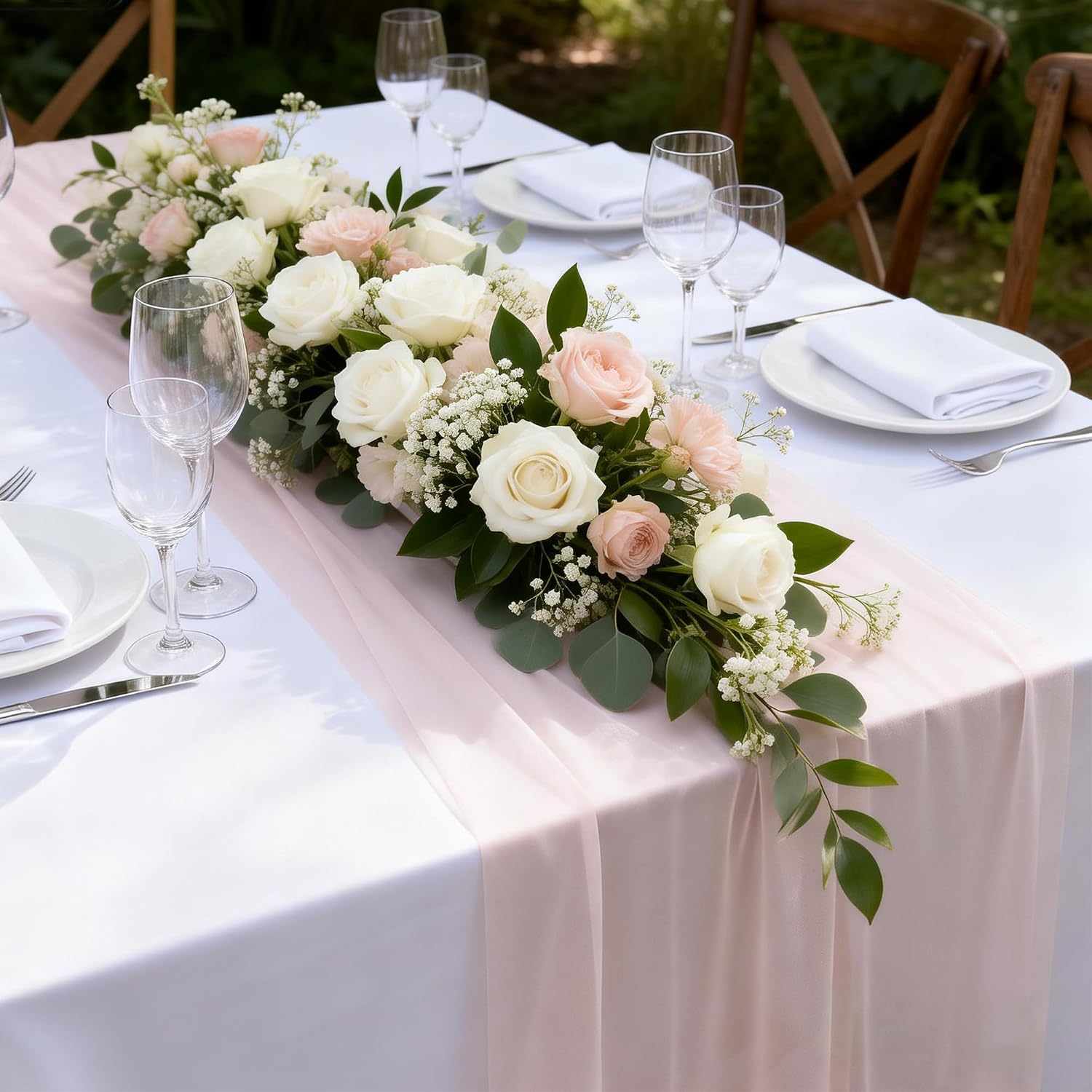 2PCS Light Pink Chiffon Table Runner 28x120 Inches Pale Pink Sheer Gauze Table Runner for Wedding Birthday Party Baby Bridal Shower Home Decor Holiday Decorations