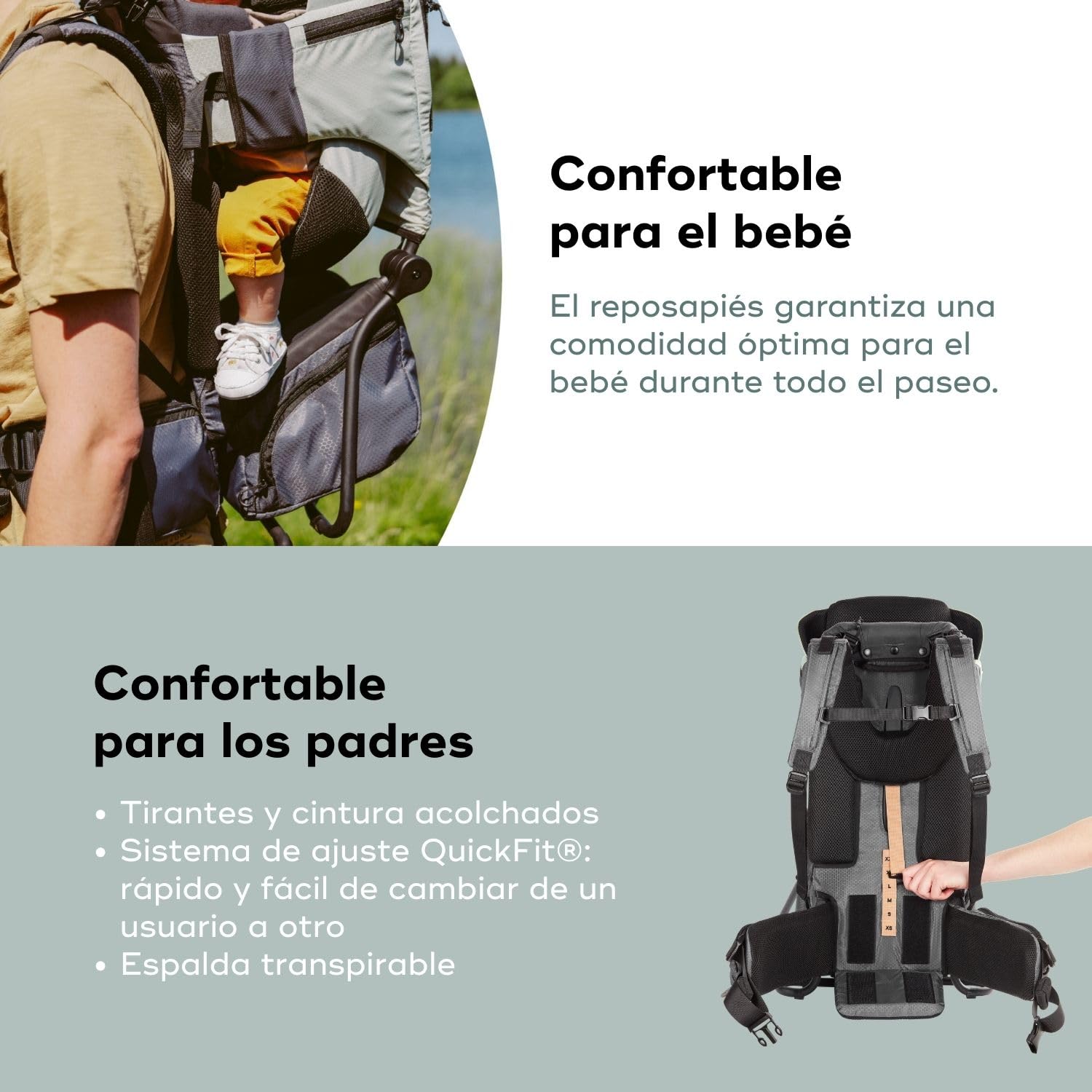 Babymoov Mochila portabebés para senderismo Moov & Hike: ergonómica con asiento ajustable y reposacabezas acolchado, con capota, bolsa de almacenaje 10l (Verde)