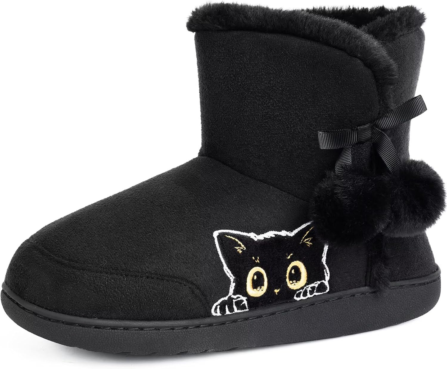 Womens Cozy Indoor Bootie Slippers with Cute Cat or Dog Embroidery, Warm Plush Non-Slip Winter House Boots with Pom Pom Bow Decoration