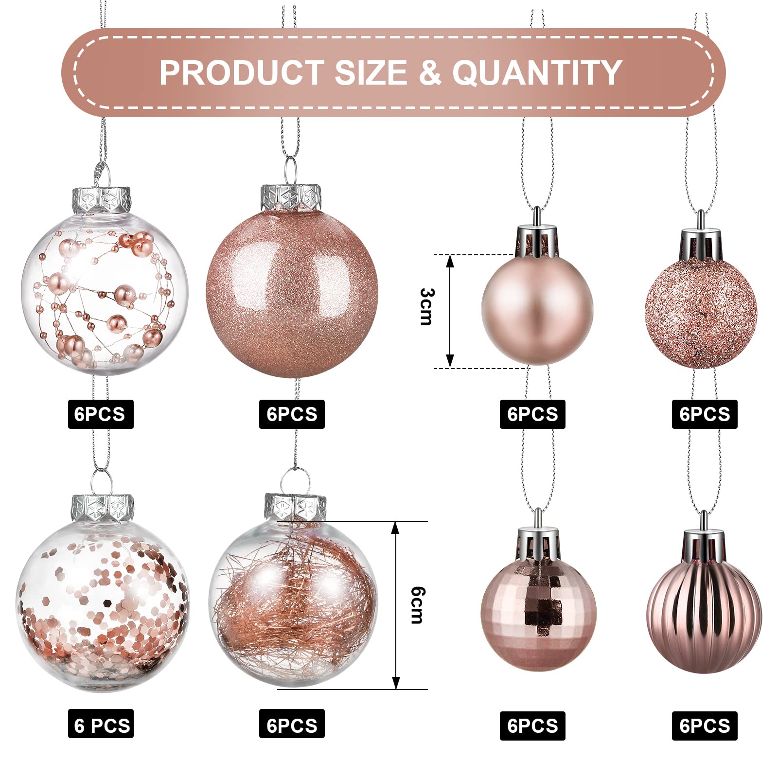 Juego de adornos de bolas de Navidad inastillables, bolas de árbol de plástico, bolas transparentes para árbol de cumpleaños, día festivo, decoración interior y exterior (oro rosa, 49 piezas)