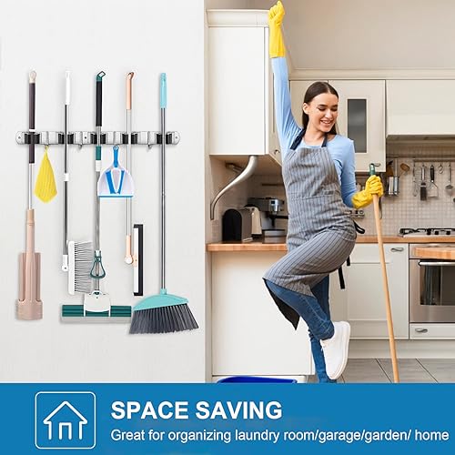 Miniatura 7 de IMILLET - 2 unidades de soporte para escoba con montaje en pared de acero inoxidable, 5 estantes con 4 ganchos, organizador de escobas autoadhesivo