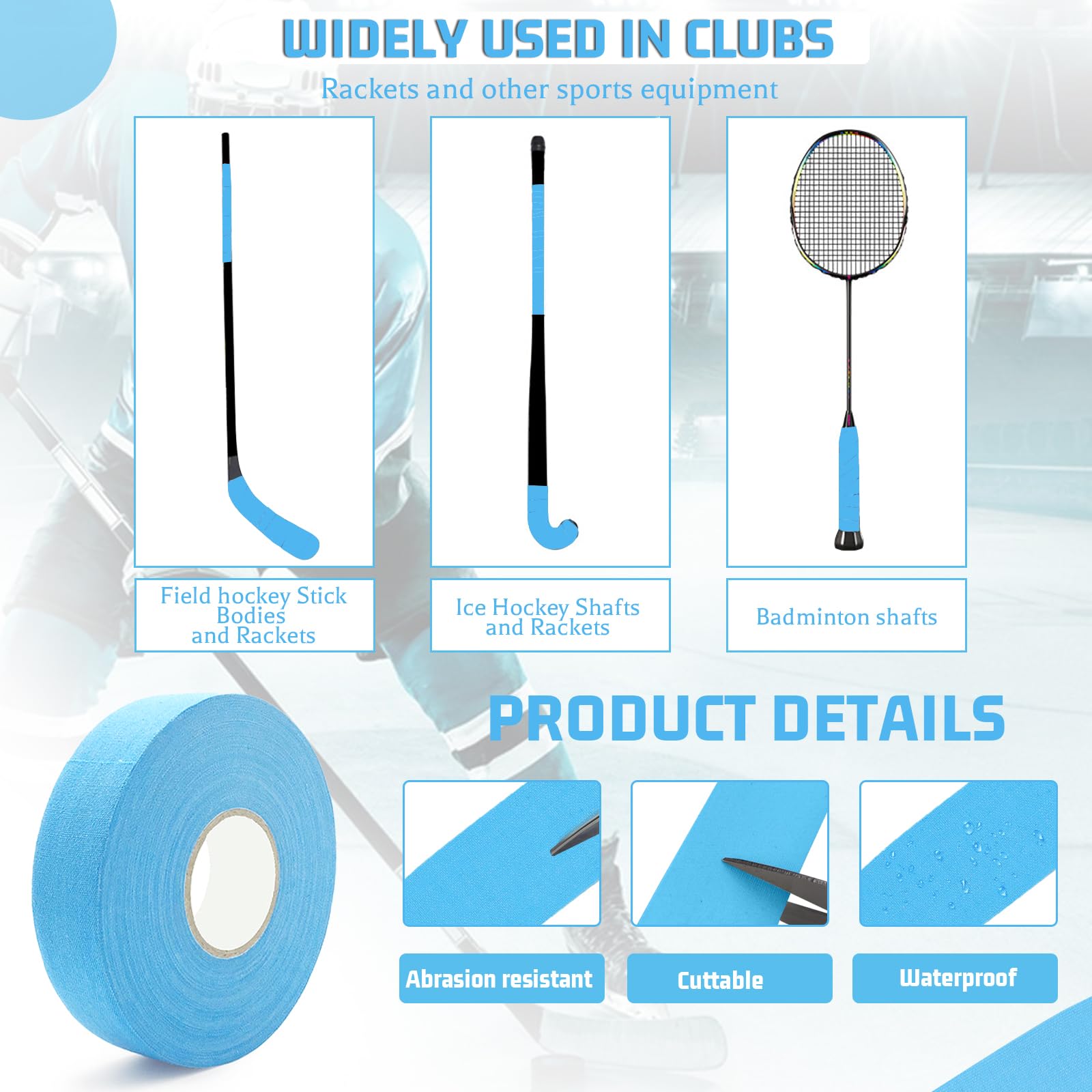 LBING Nastro per racchetta da hockey, 25 m, antiscivolo, per sport, hockey su ghiaccio, con 1 paio di forbici (blu