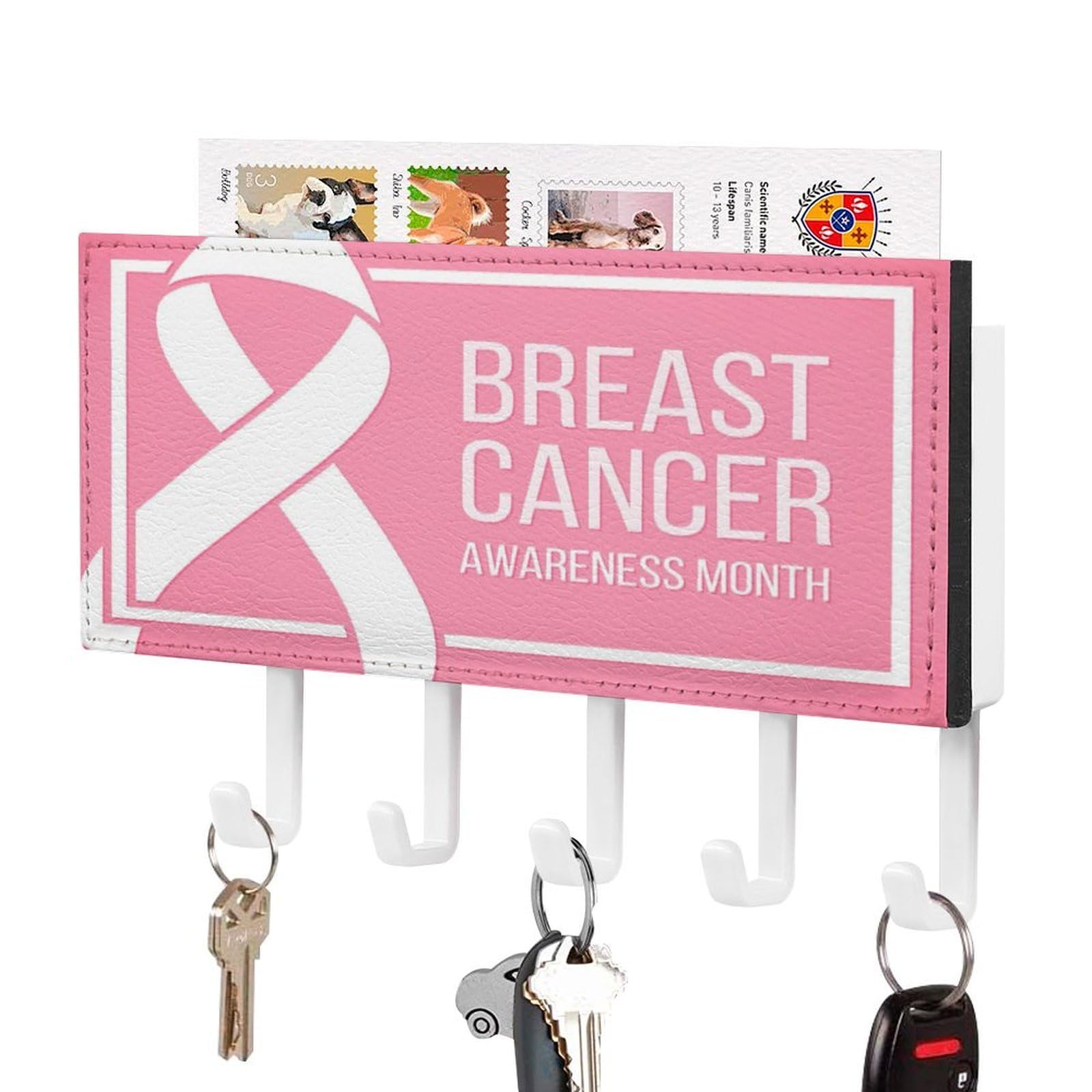 NCLQVJXZKHW Ribbon Awareness Breast Cancer Key Holder with 5 Hooks Key Hooks Wall Mounted Key Racks Key Hanger Organiser Shelf