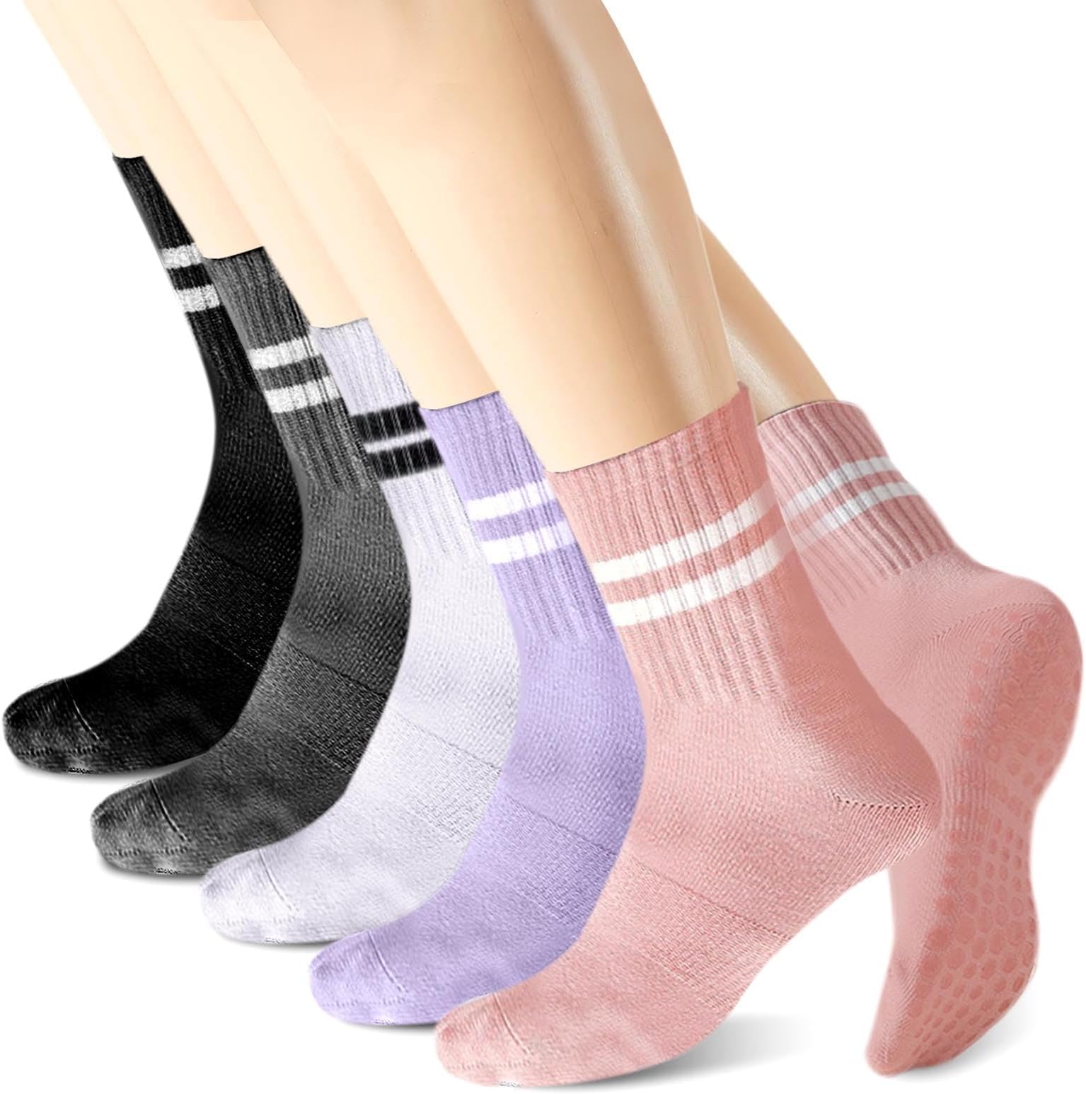 GWAWG5 Pairs Yoga Grip Socks Women, Non Slip Pilates Socks Grippy Socks Ladies Mid-Calf Grip Socks Breathable Cotton Socks for Ballet, Dance, Workout, Fitness, Running