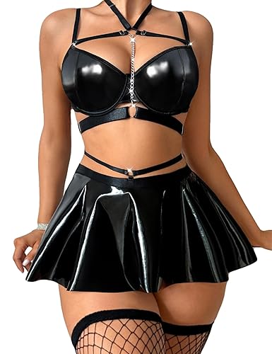Gulinala Women Sexy Leather Lingerie Set Choker Chain Mini Lingerie Dress Strappy Bra Skirt Outfits - Medium - Shiny Blackblack