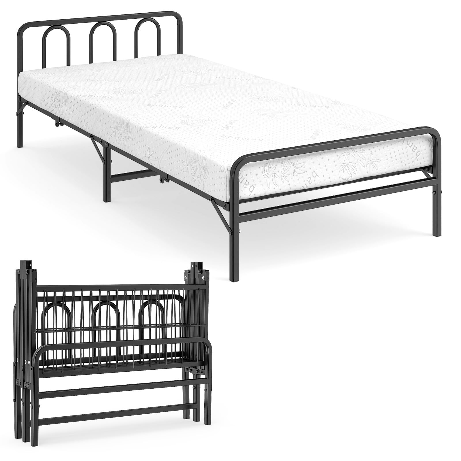 COSTWAY Klappbett 90x200 Erwachsene, Bett klappbar mit 10 cm Matratze, bis 220 kg, Gästebett Metallrahmen, Bettgestell mit Memory-Schaum & Kopfteil, Einzelbett für Gästezimmer, Weiß