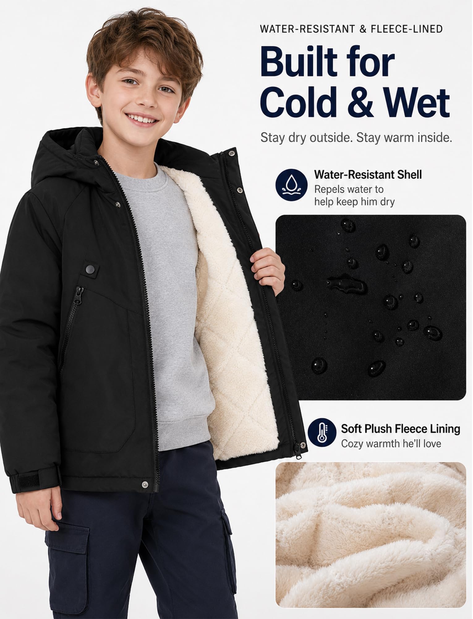 FEOYA Warme Winterjacke Für Jungen Mädchen Dicke Kinder Wintermäntel Mit Kapuze Gefütterte Wasserdicht Outdoor Jacke 4-13 Jahre