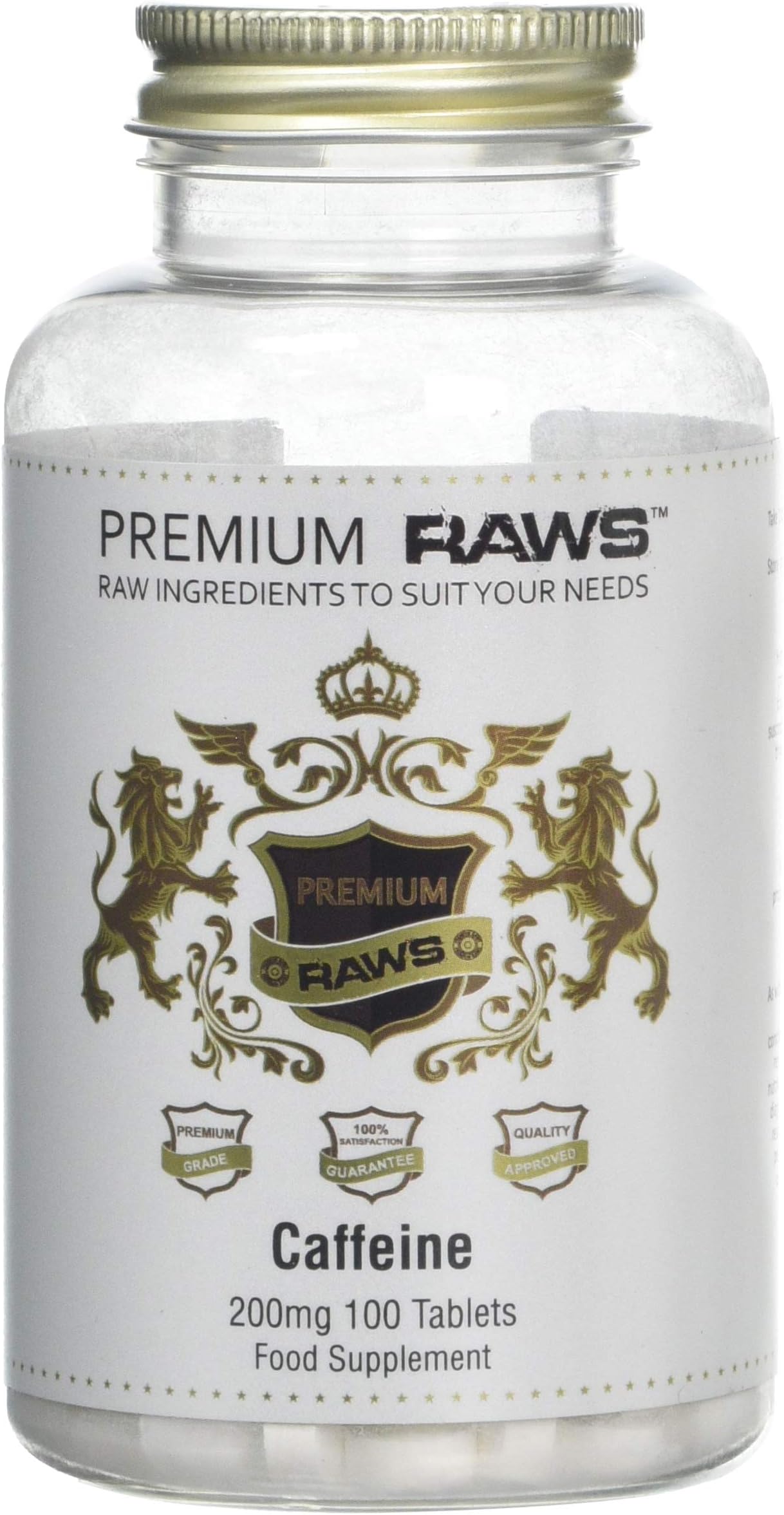 Premium Raws Caffeine Tablets, 200 mg, Pack of 100 Tablets