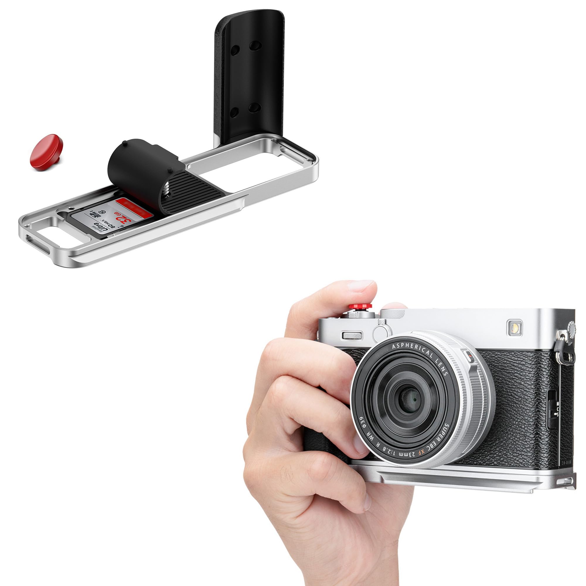 JJC Metalowy uchwyt i przycisk Shutton kompatybilny z Fujifilm X-E5, srebrny