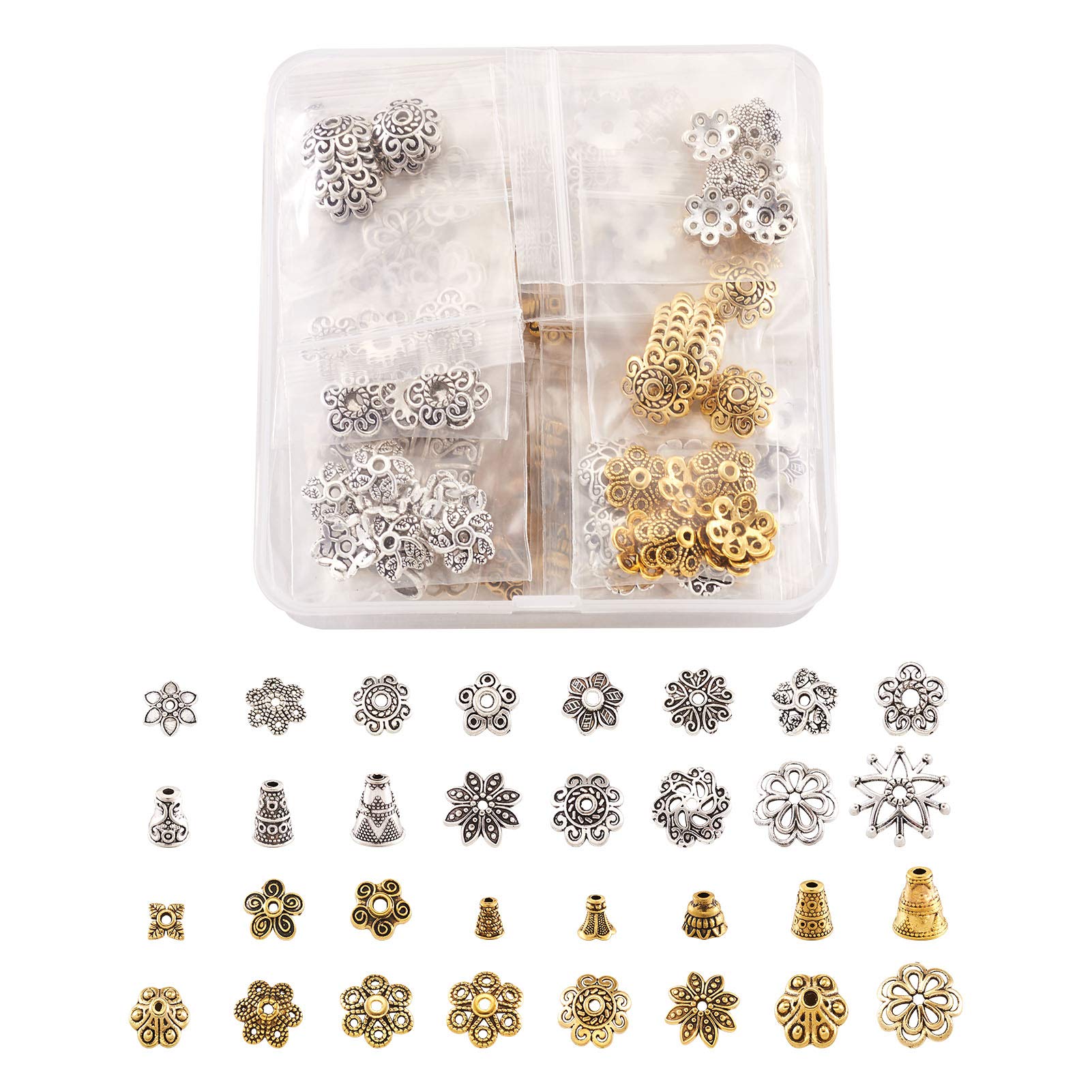 PandaHall 120pcs stile tibetano lega fiore & quadrato perline tappi 6