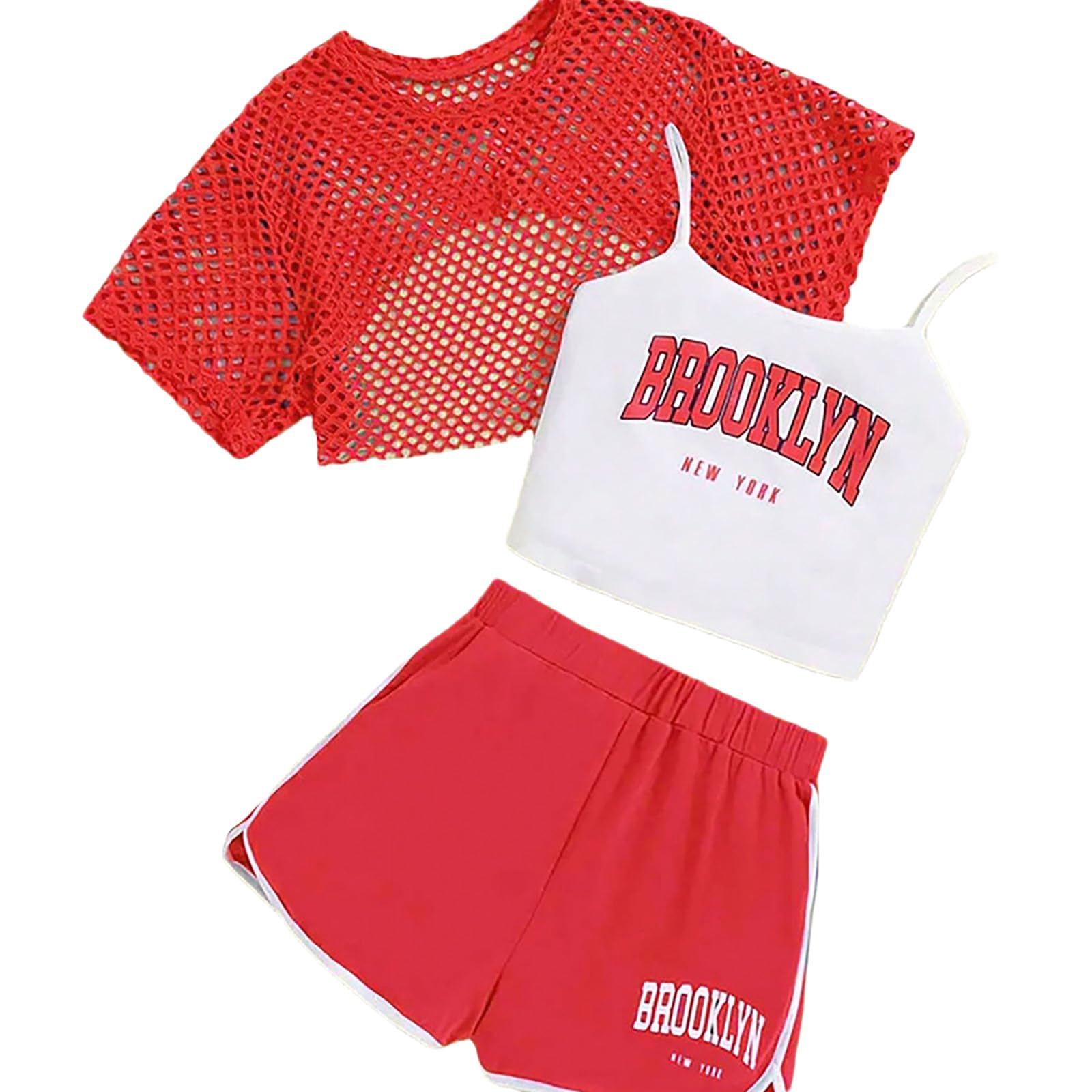 Abiti estivi per ragazze, set da 3 pezzi, casual, vestibilità ampia, top senza maniche, pantaloncini, per attività all'aperto, età 8-14, abbigliamento da gioco comodo e traspirante. #33