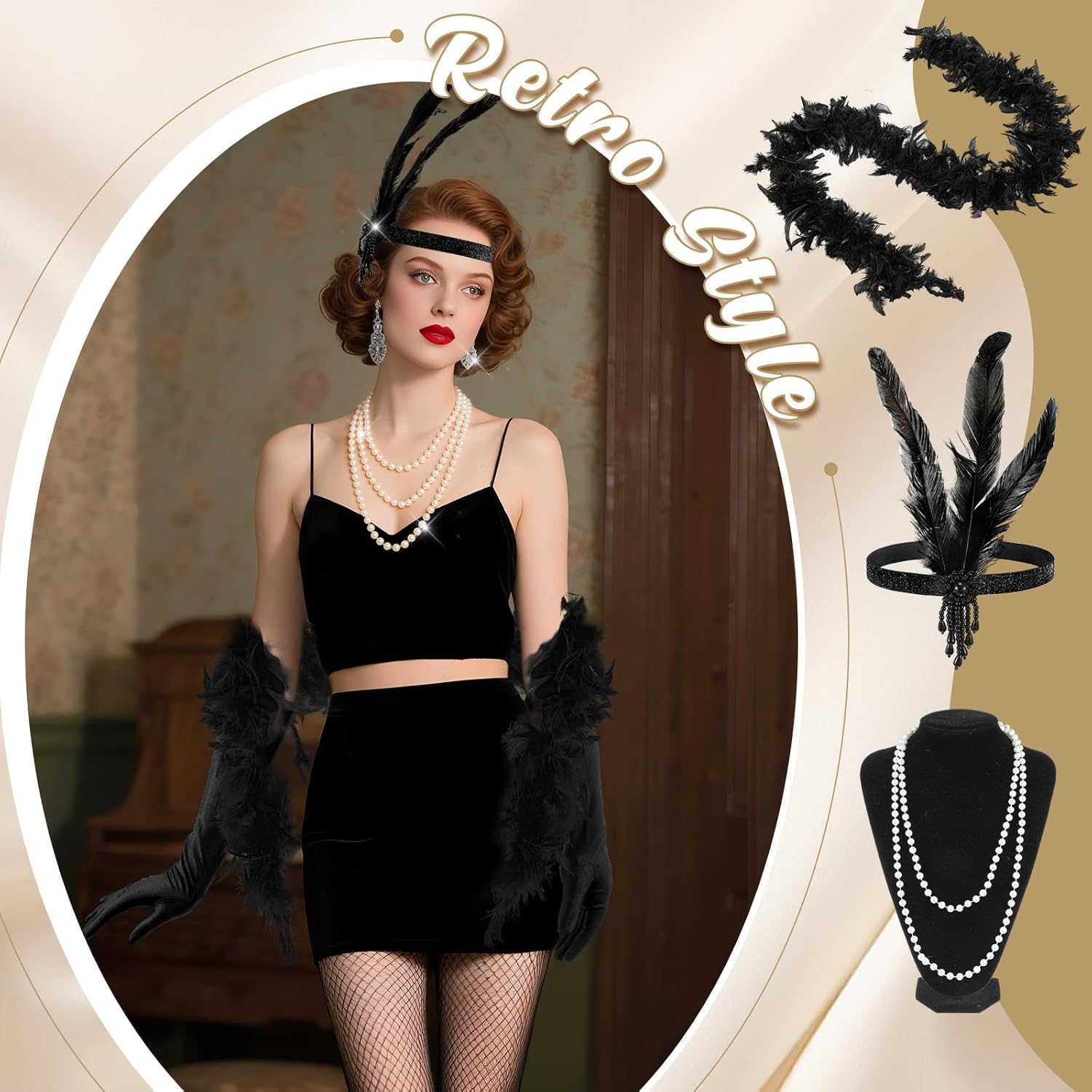 24 Pcs Halloween 1920s Flapper Accessories Set, Roaring 20's Theme Party Set with Headband Headpiece Pearl Bead Necklaces for Women Vintage Wedding Costume Tea Party Hat Dress up - Image 4
