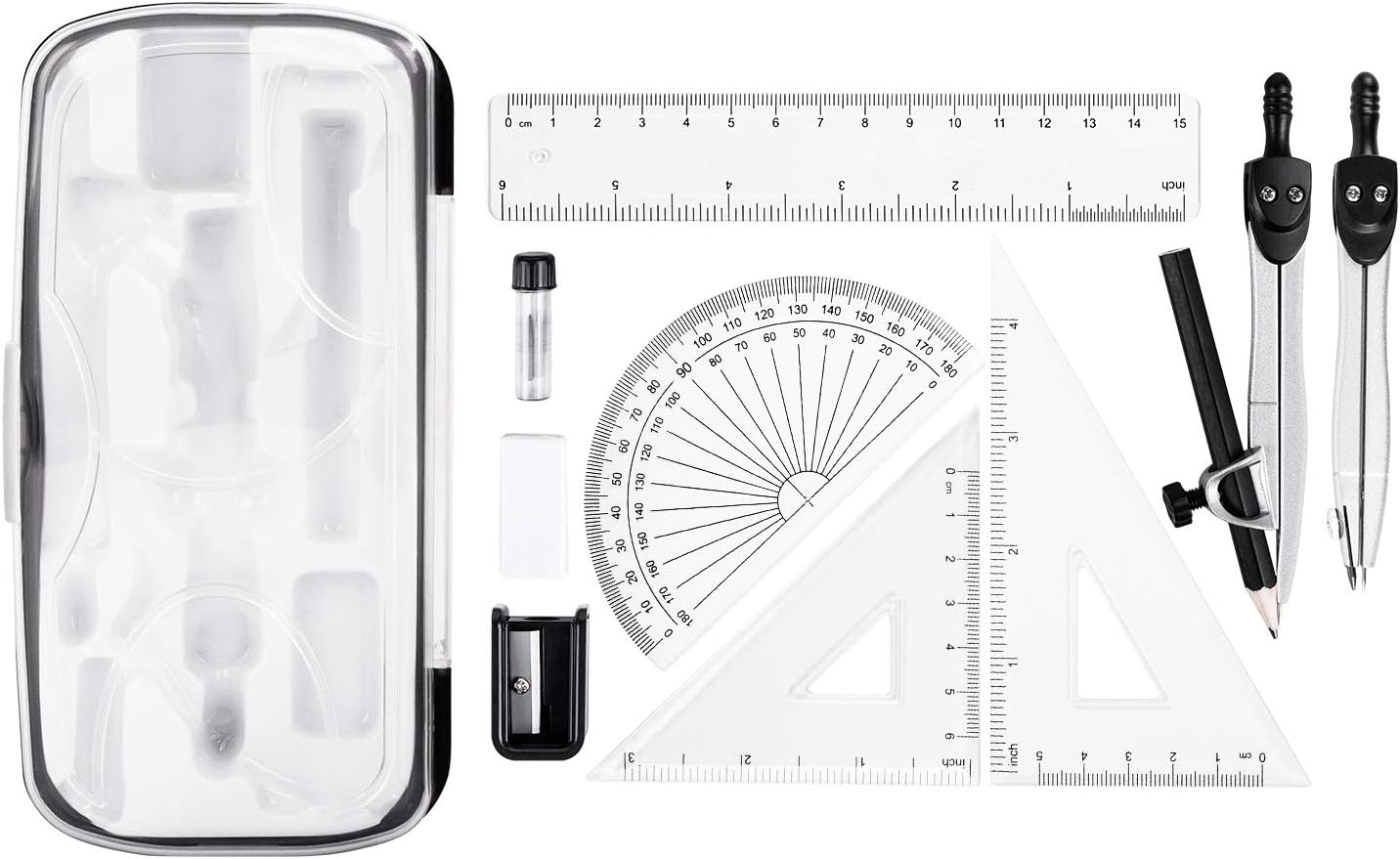 10-Piece Maths Kit - Includes Compasses, Lead, Rubber, Sharpener, Protractor, Triangles, Ruler and Carrying Box