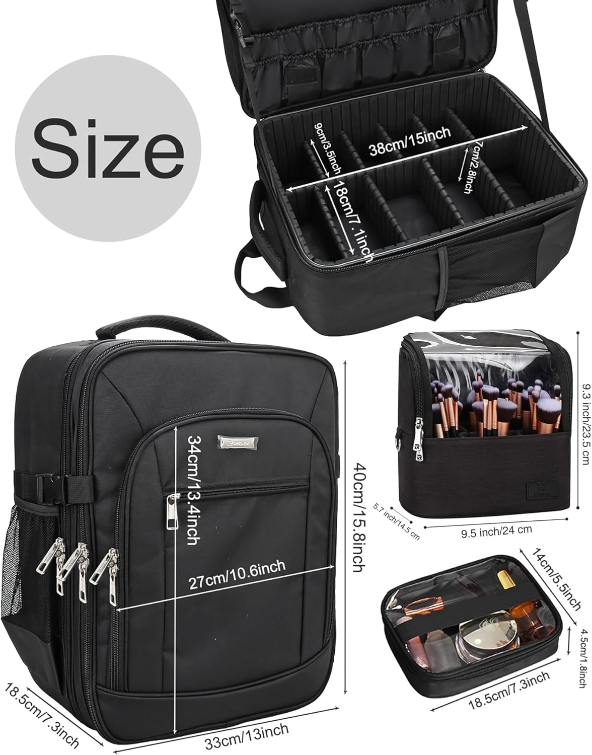 TANTO Makeup Backpack Makeup Artist Bag Professional Extra Large Cosmetic Bags Travel Train Case Storage Organizer Double-Layer Cosmetic Case with 4 Pouch and Brush Organizer (Black, two piece) - Image 4