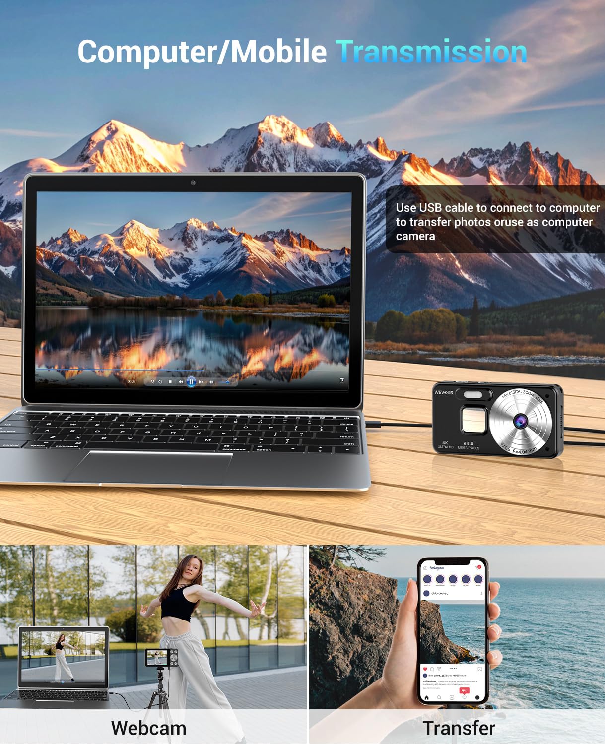 Digitalkamera 4K 64MP, Wevoor Digital Fotokamera 32GB mit Autofokus, 18x Digitalzoom Kamera, 2,8" Bildschirm, 2000mAh Kompaktkamera, Fotoapparat Digitalkamera für Anfänger Kinder Teenager - Schwarz