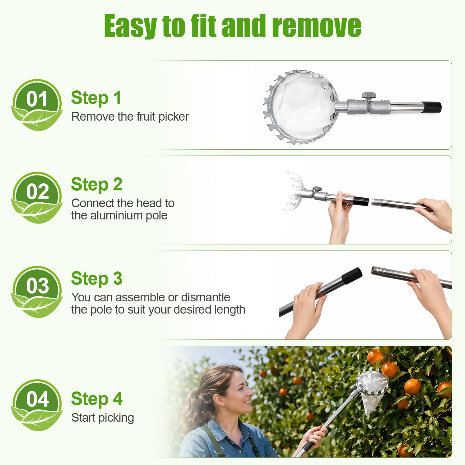 Raccogli frutta con asta di prolunga in acciaio inox, lunghezza regolabile fino a 3,8 m, diametro 16 cm, per prugne e ciliegie
