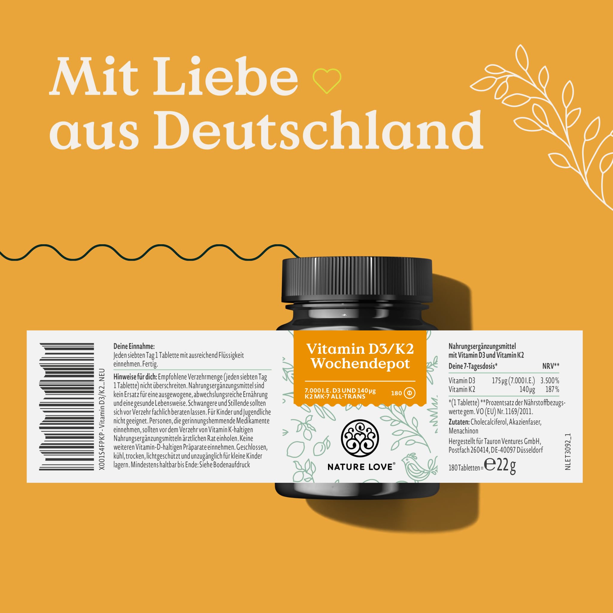 Nature Love Vitamin D3 K2 Wochendepot - 180 vegane Tabletten - 7000IE D3 + 140µg K2 pro Tablette mit >99,7% all-trans - Hochdosiert & vegan - Laborgeprüft, in Deutschland produziert