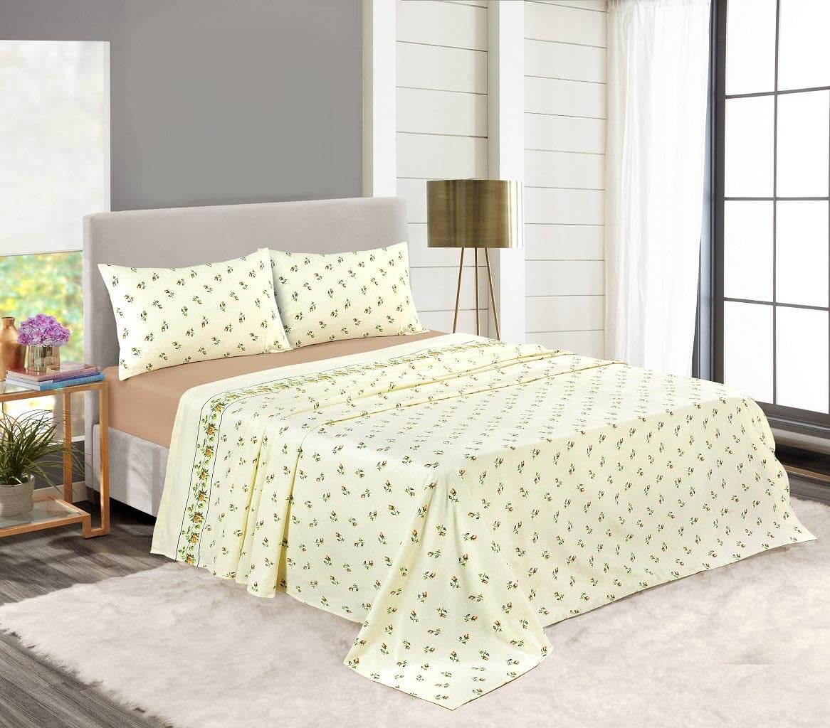 Kampala Hill 100% Brushed Cotton Flannelette Sheet Set - Fitted Sheet, Flat Sheet, Pillow Case Cream Single