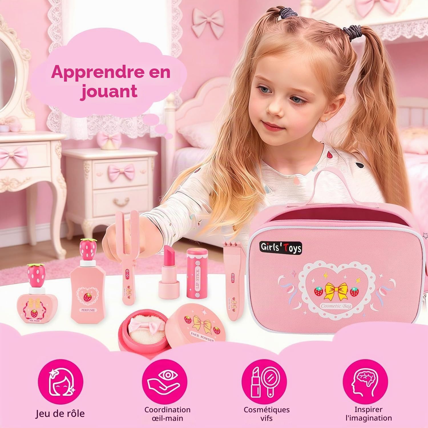 Maquillage Enfant Fille en Bois,Maquillage Bois Enfant Maquillage Enfants en Boises,Maquillage pour Filles,Faux Coffret Jouet,Trousse de Maquillages Cadeau d'anniversaire pour Filles 3+ Ans