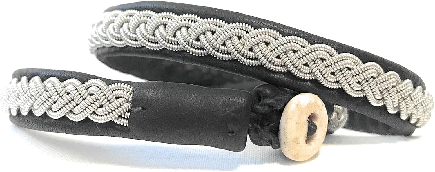Lapland Sami Handmade Bracelet In Reindeer Leather And Braided Silver/Pewter Thread, Thin Style, Simple Braid, Traditional Bracelet Made To Order, Reindeer Antlers Button.