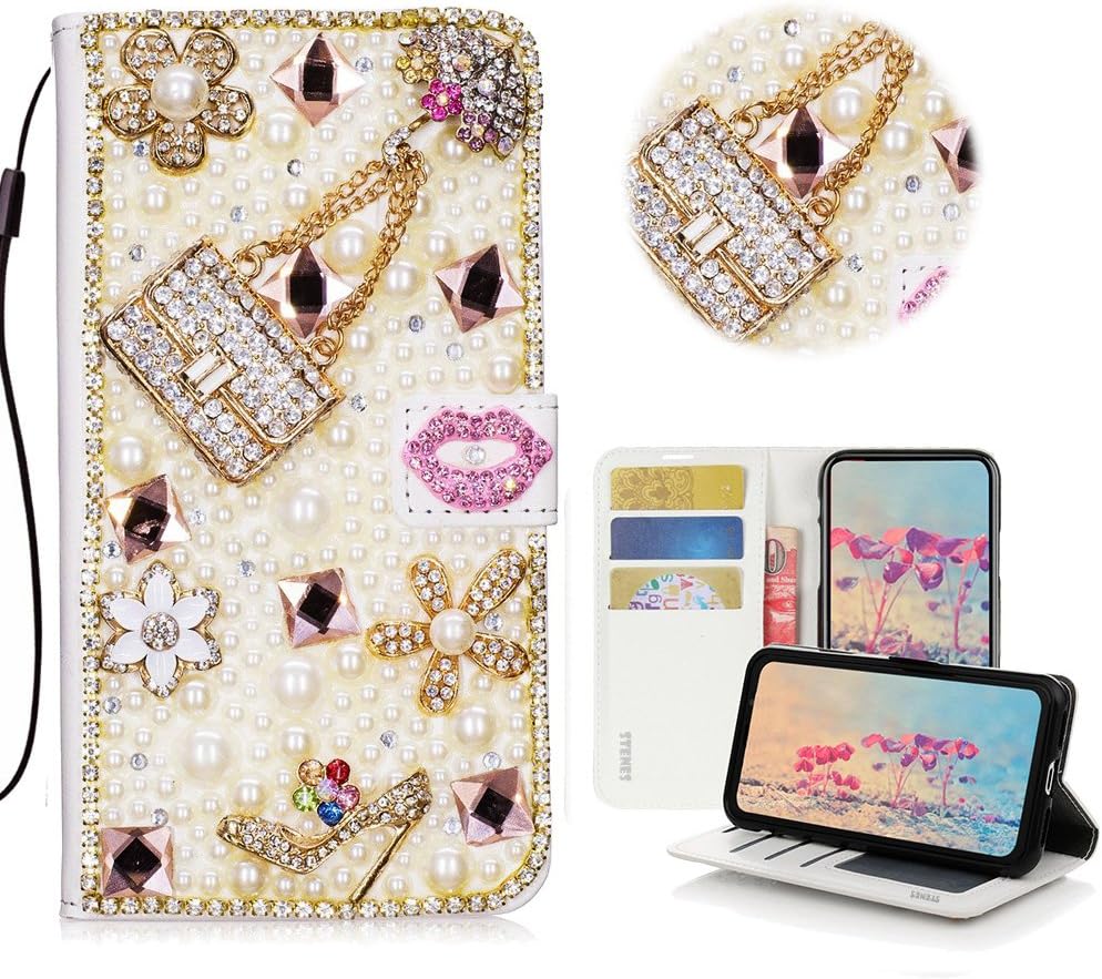 STENES Bling Wallet Case Compatible with Galaxy J8 - Stylish - 3D Handmade Crystal Girls Bags Lipstick High Heel Magnetic Wallet Leather Cover Compatible with Samsung Galaxy J8 6.0 Inch (2018) - Red