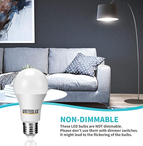 Miniatura 3 de UNITEDLUX Bombillas LED A19 de 9 W equivalentes a 60 W, 800 lúmenes CRI 90+ blanco cálido 3000 K, base estándar E26, bombillas de CA no regulables