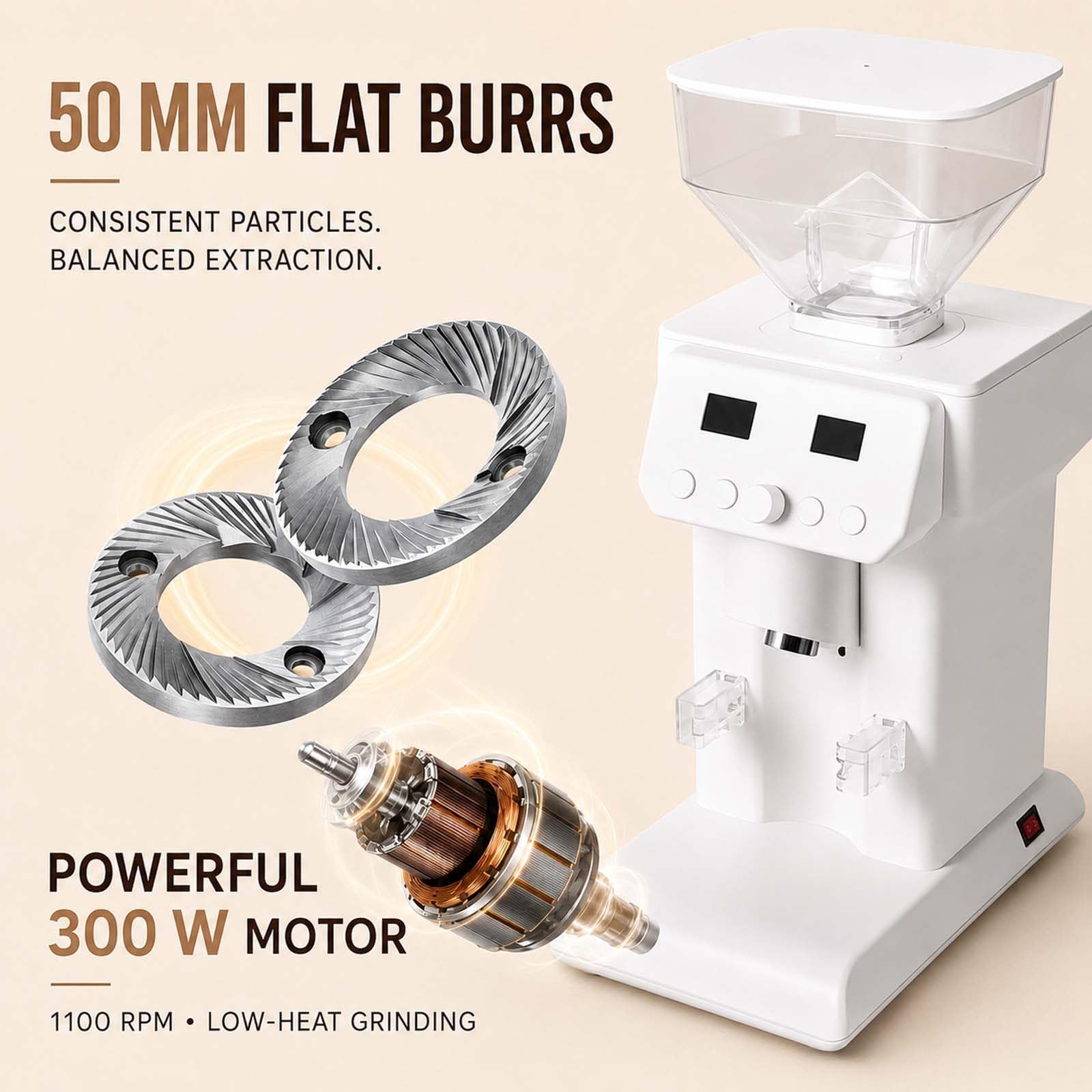 Molinillo de Espresso Profesional para Baristas Caseros, 120 Ajustes, 300 W Black | Muelas planas de 50 mm, molienda a baja temperatura de 1100 RPM, soporte de 58 mm, dosificación temporizada