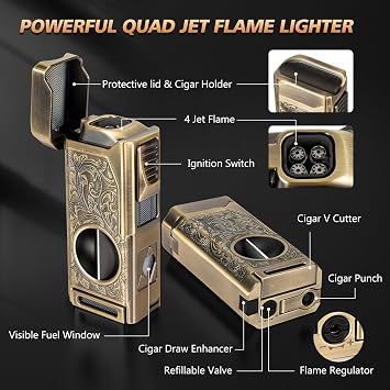 Cigar V Cutter and Cigar Drawer Enhancer Set with 5 In 1 Multifunction Cigar Torch Lighter