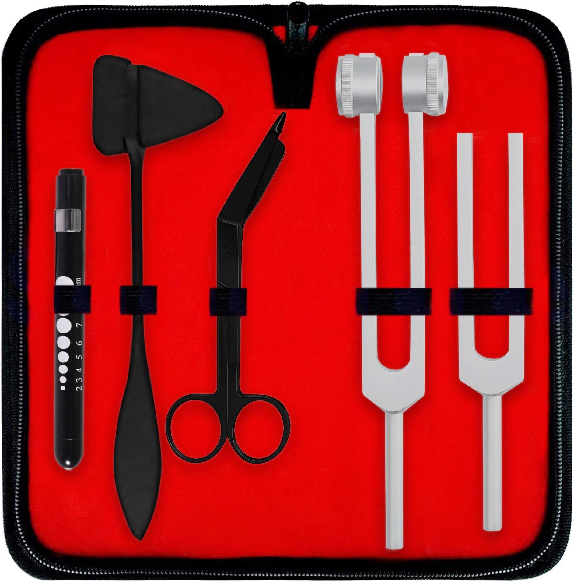 Diagnostics Kit - Percussion Taylor Reflex Hammer + C 128 & C 512 Tuning Forks + Bandage Scissors + Pupil Gauge Pen Light in Carrying Case - 6 Pieces Set - Black & Silver