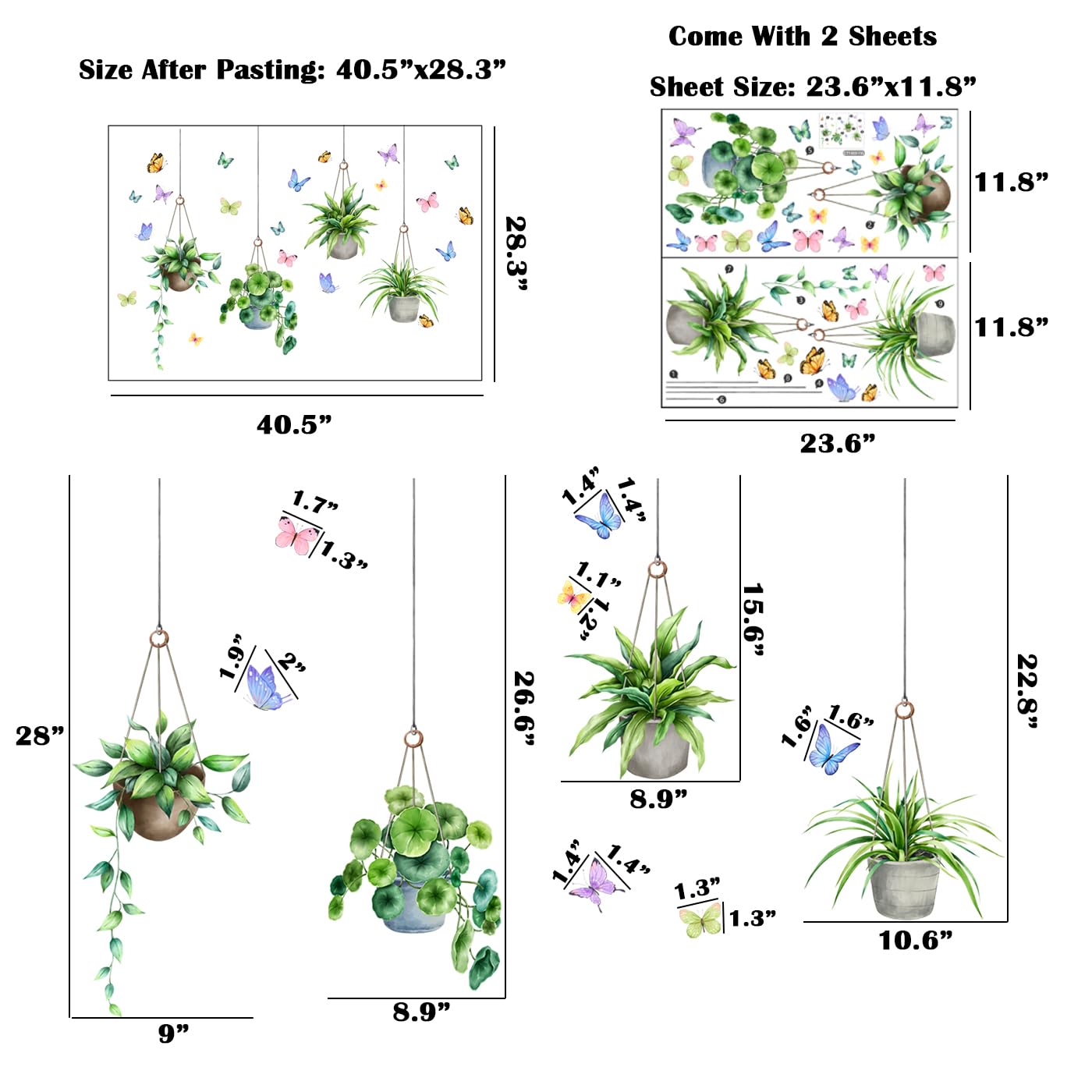 duahappy Hanging Potted Green Plant Window Clings PVC Double-Sided Floral Butterfly Anti Collision Removable Window Decals Stickers for Glass Window Wall Decorations