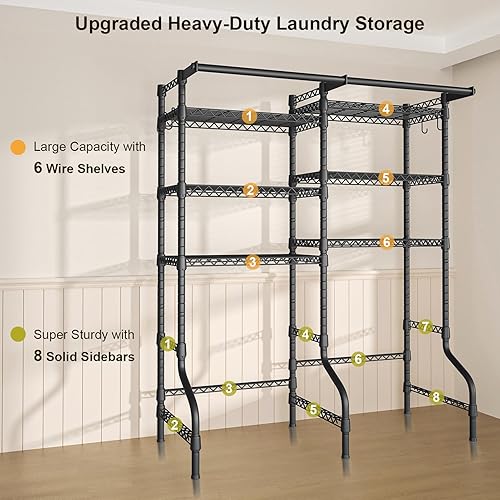 Miniatura 8 de Ulif U13 - Estantes de almacenamiento medianos para lavadora y secadora, estante de pie de 6 niveles con 2 barras para colgar, estante de secado de
