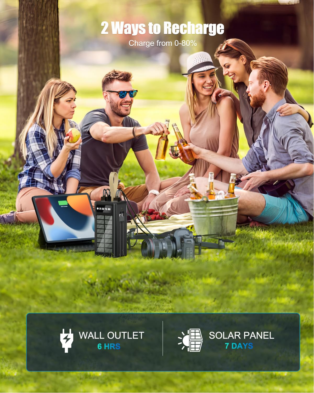 Caricabatteria solare da 80000 mAh, batteria portatile a ricarica rapida da 35 W, cavi USB-C/Lightning integrati per campeggio, viaggi, emergenze, dispositivi tecnologici | 9 porte PD/USB-C