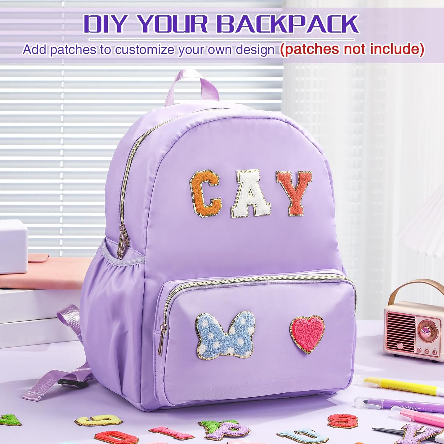 Cunno 1 Piece Nylon Backpack Kids School Backpack for Toddler Girls Boys Plain Waterproof Preppy Bookbags Travel for Student (Purple) - Image 4
