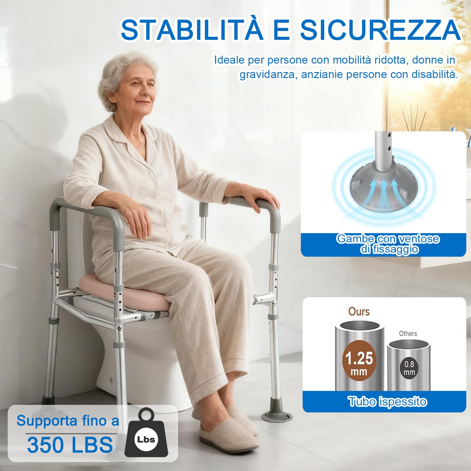 NJUN Rialzo WC per Anziani, Sedile del Water Rialzato con Braccioli, Regolabile in Altezza 66-84 cm, Comoda WC Alzata Water per Anziani con Seduta Imbottita e Telaio in Alluminio, Braccioli per WC