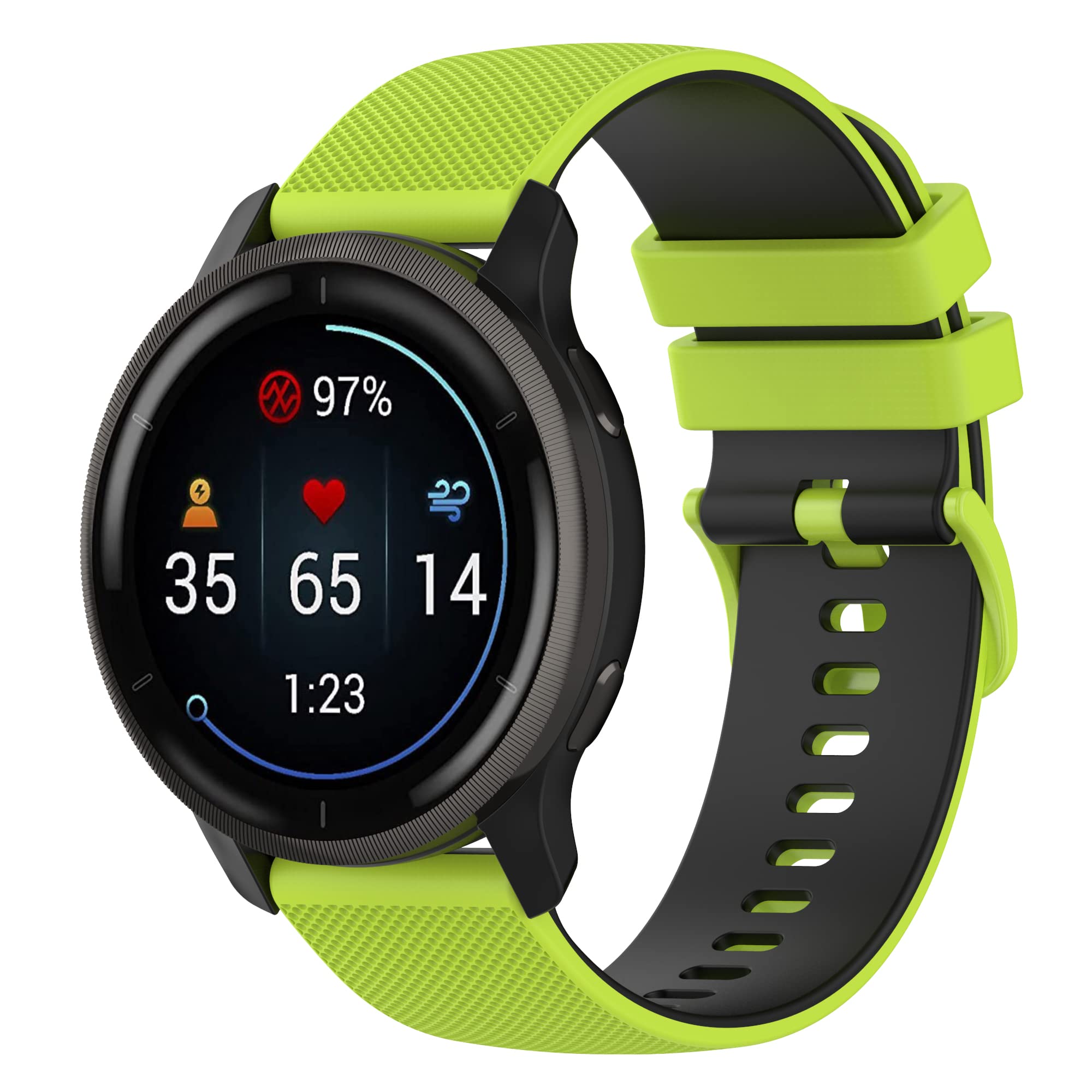[ShweLan] 22mm バンド For Garmin Forerunner 970 / 965 / 570 47mm / 265 / 255 / 255 Music/Vivoactive 4 / Garmin Venu 4 45mm / 3 45mm / 2 交换バンド ベルト 替えベルト シリコン製 通気性 （ライム+ブラック）