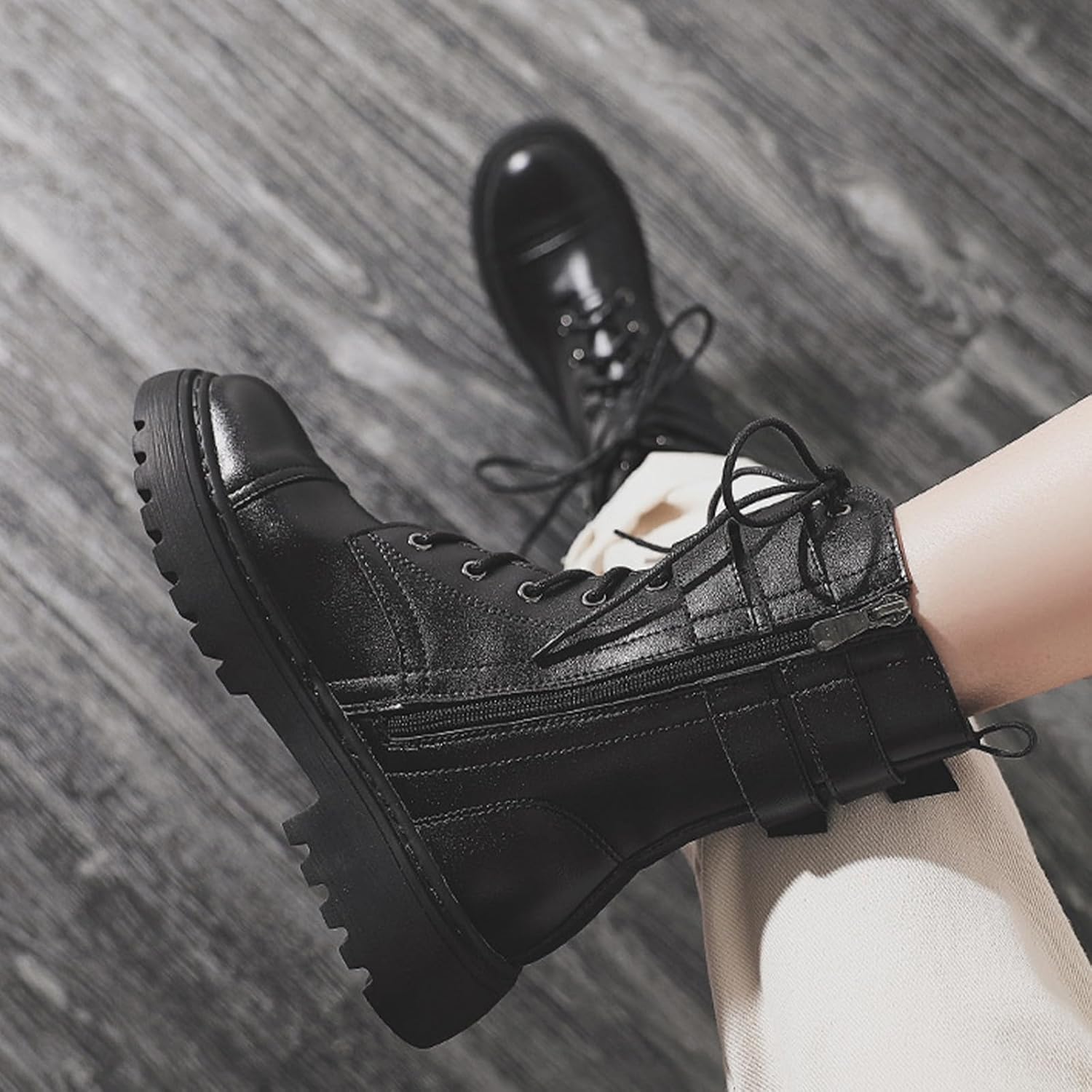 Women's Leather Platform Lug Sole Combat Motorcycle Boots with Double Buckle Comfortable Non Slip Chunky Block Heel Side Zipper Mid Calf Goth Riding Ankle Booties