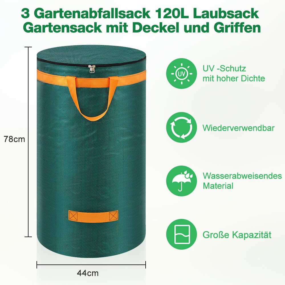 Eurhomewit 3 Gartenabfallsack 120L Laubsack Gartensack mit Deckel und Griffen, Groß Stabile Gartensäcke Laubsammler, Selbststehend Abfallsack Stabil Grünschnittsäcke für Gras Laub Hecke Gartenabfall