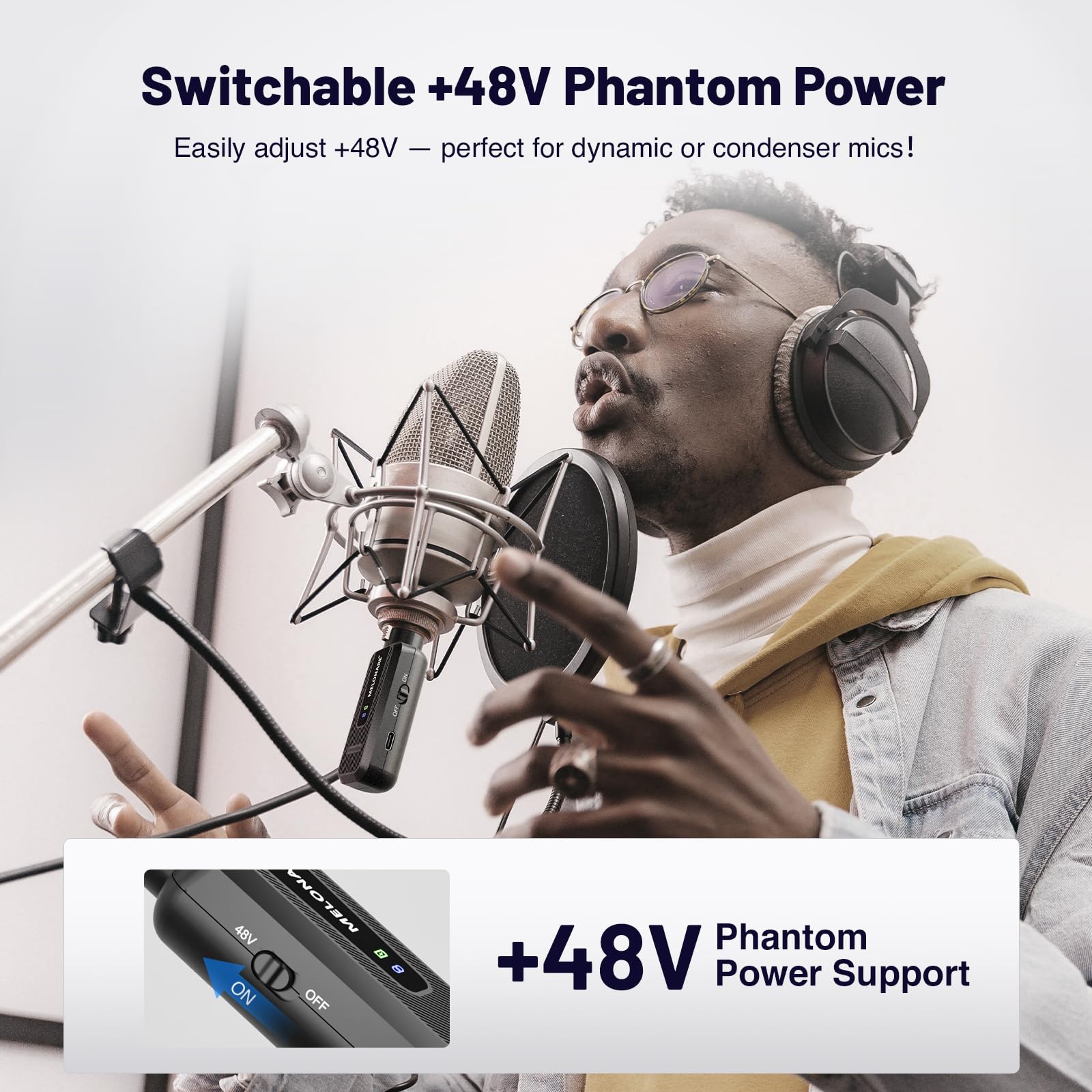 Melonare Adaptateur de microphone sans fil UHF 900 MHz XLR, système émetteur et récepteur audio sans fil XLR, portée de 50 m, alimentation fantôme + 48 V pour micro, mixeur audio et configuration PA