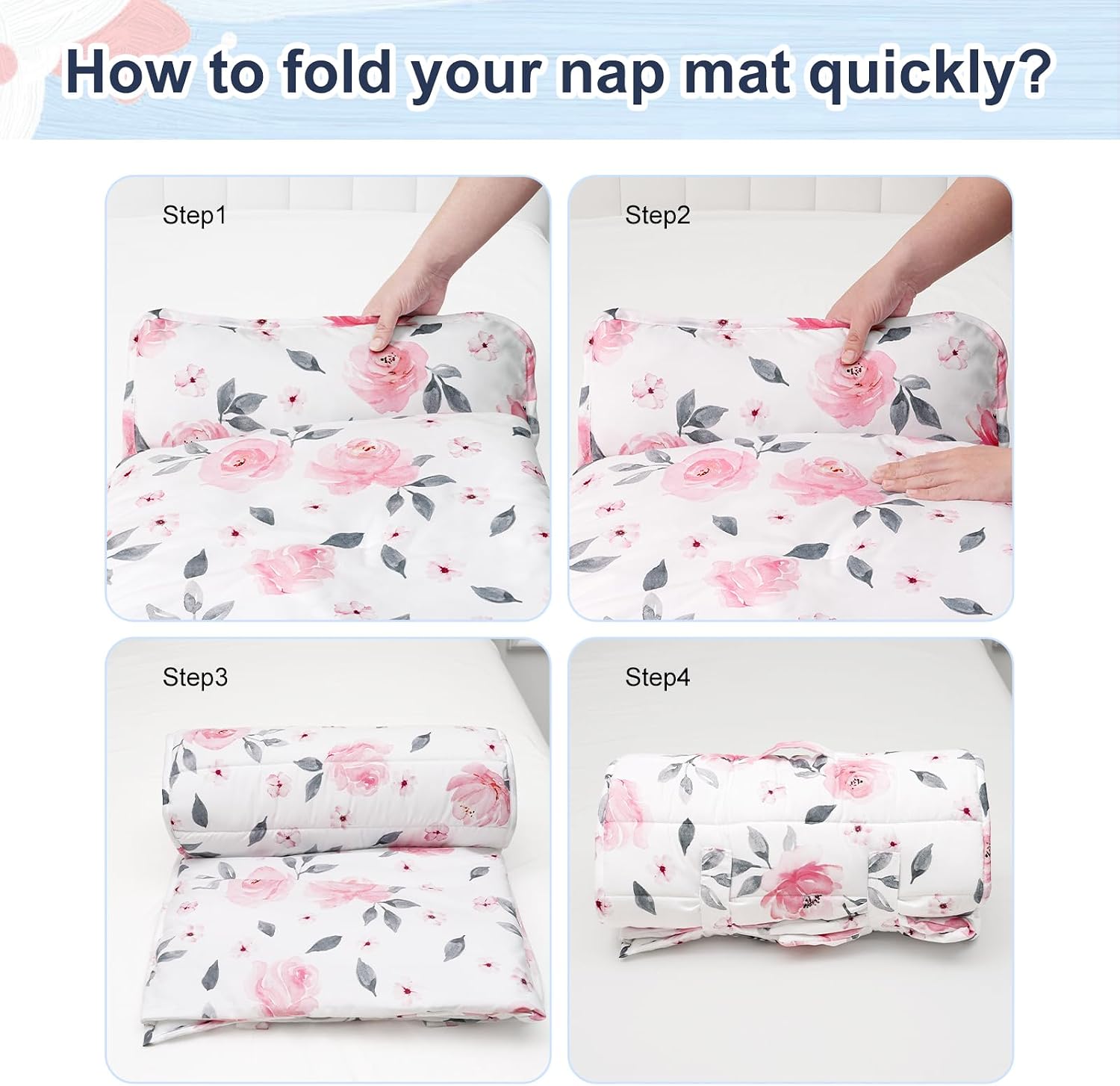 PHF Floral Toddler Nap Mat Set, with Removable Pillow for Toddler Girls, Soft and Lightweight for Daycare, Preschool, Travel, Kindergarten Sleeping Bag, Fits Ages 3-6 Years, Pink Floral