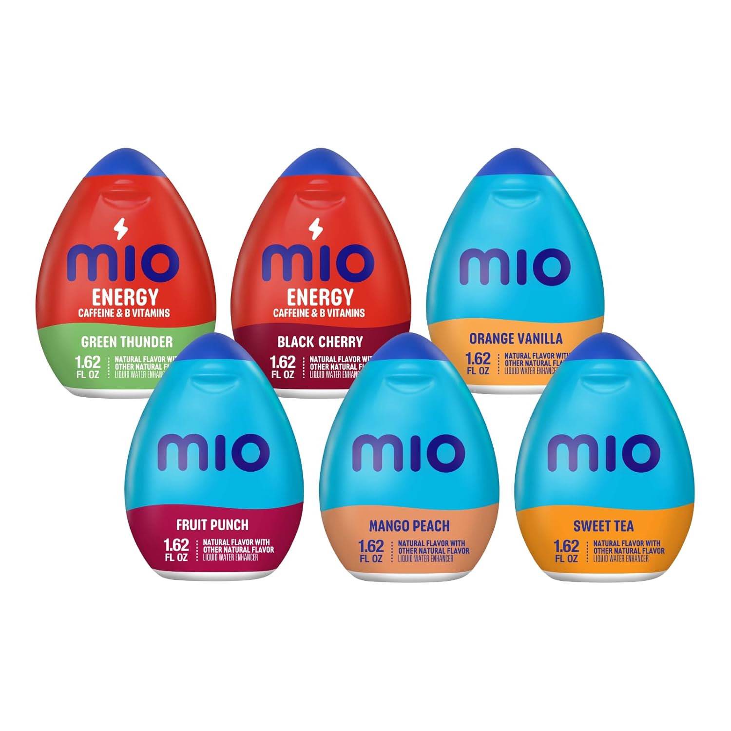 Mio Water Enhancement Variety Pack Includes Green Thunder, Black Cherry, Orange Tangerine, Fruit Punch, Mango Peach and Sweet Tea 1.62 Fl Oz each (Pack of 6)