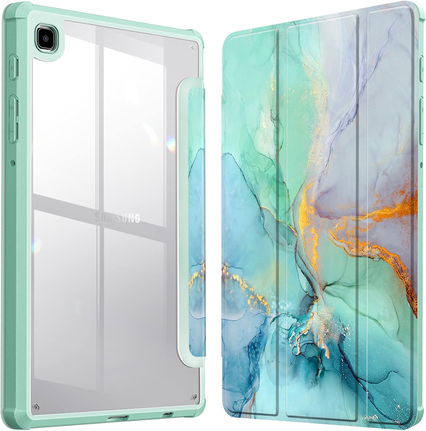 Fintie Hybrid Slim Case for Samsung Galaxy Tab A7 Lite 8.7 Inch 2021 Model (SM-T220/T225/T227), Shockproof Cover with Clear Transparent Back Shell, Emerald Marble
