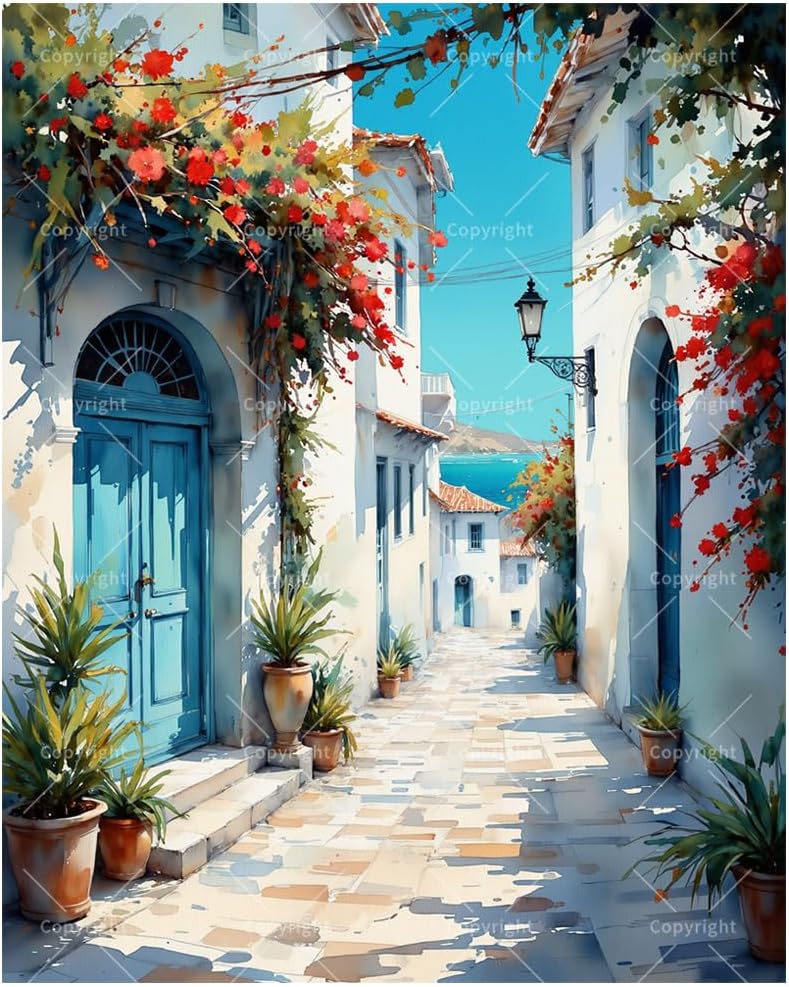 Mediterranean Alley Paint by Numbers Kit for Adults - DIY White Street with Flowers and Sea View Painting on Canvas 16x20 Inches, Acrylic Paint Set, Art for Home or Coastal Gift Décor